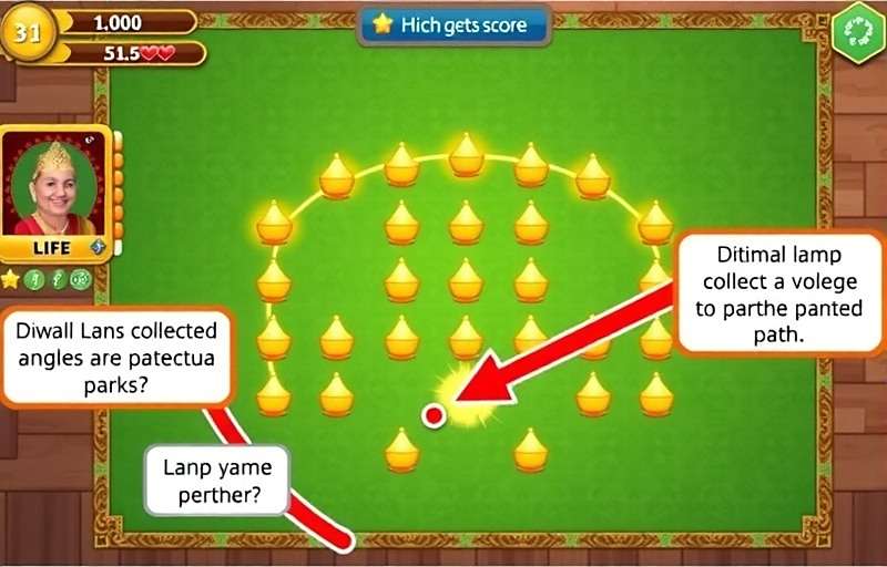 Diwali Dash Delight Strategy Guide Diwali Dash Delight player's screen showing high score with annotations explaining optimal lamp collection path