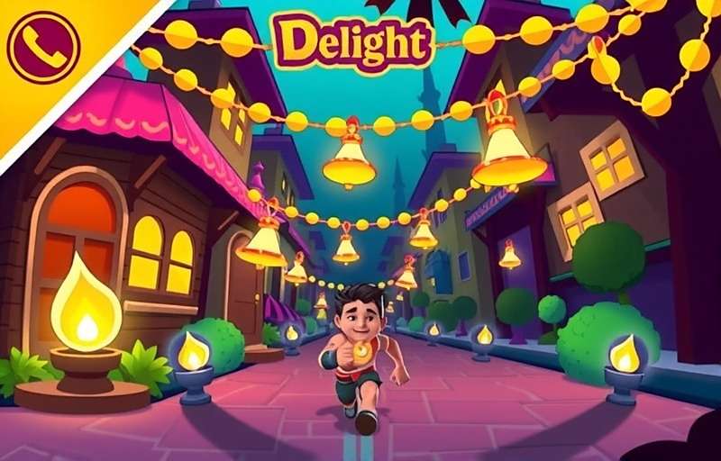 Diwali Dash Delight Gameplay Screenshot Diwali Dash Delight gameplay showing character running through a Diwali-decorated street collecting lamps